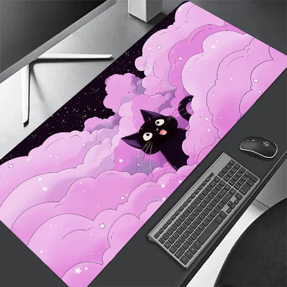 Kawaii Black Cat & Clouds XXL Mouse Pad – Soft, Stylish & Extended Desk Protection! 🌙🐱✨