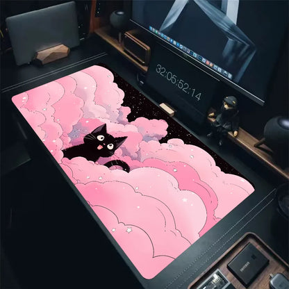 Kawaii Black Cat & Clouds XXL Mouse Pad – Soft, Stylish & Extended Desk Protection! 🌙🐱✨