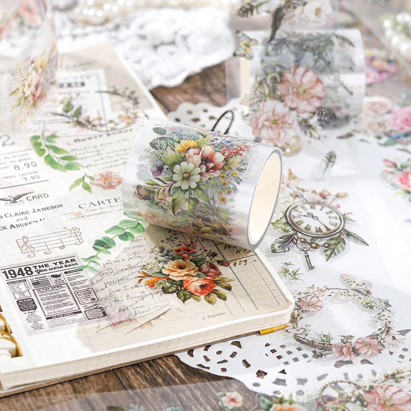 🌸 PET Retro Flower Tape | 200cm Roll | Colorful Bouquet Series with White Ink Cut Film – Special-Shaped Decorative Sticker for DIY & Landscaping 🌿