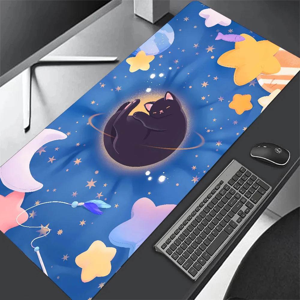 Kawaii Black Cat & Clouds XXL Mouse Pad – Soft, Stylish & Extended Desk Protection! 🌙🐱✨