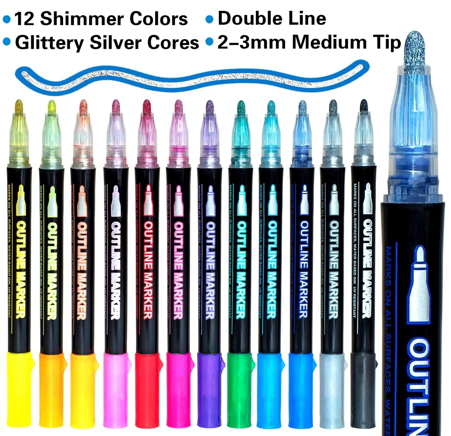 12Colors Metallic Double Line Glitter Pen Doodle Dazzles Shimmer Markers for Scrapbooking Drawing Christmas Gift Advent Calendar