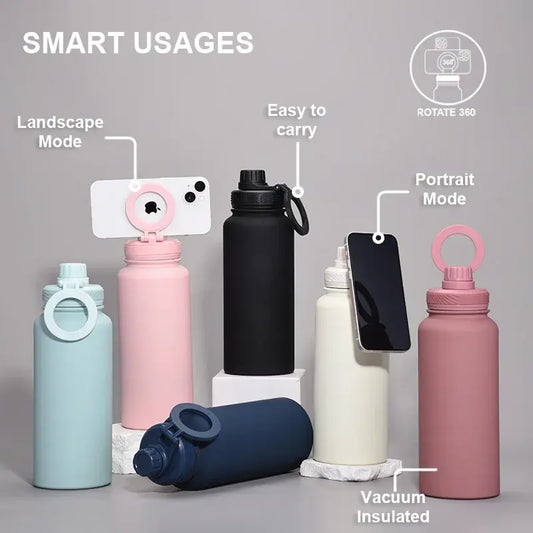 Stay Hydrated & Connected – Insulated Water Bottle with Built-in Phone Holder for On-the-Go Convenience! 💧📱